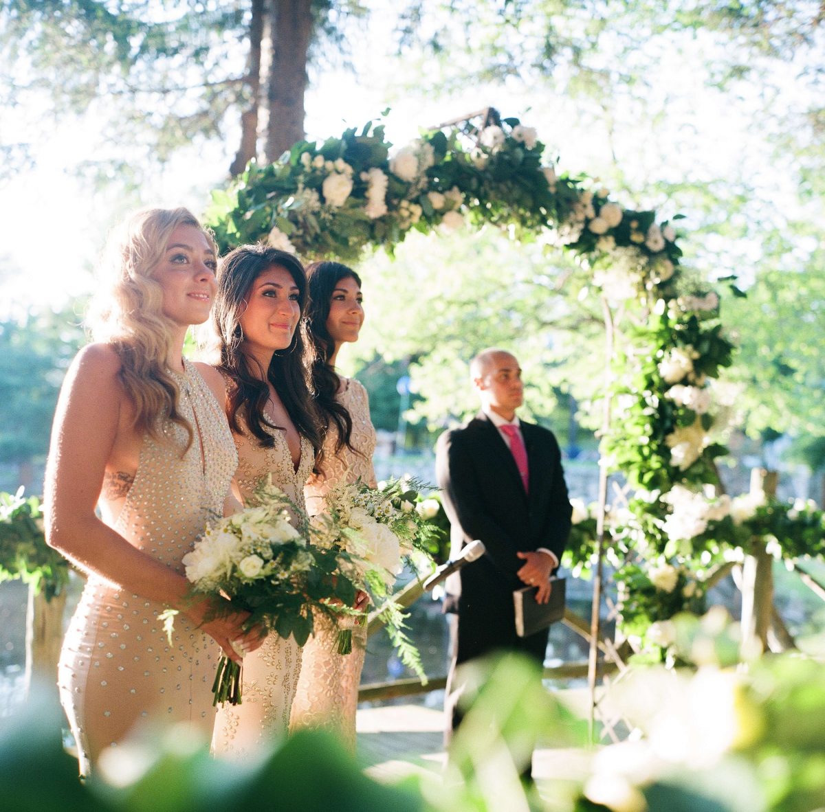 Shop Upstate NY Wedding Stephanie Karvellas Ceremony Bridesmaids Altar