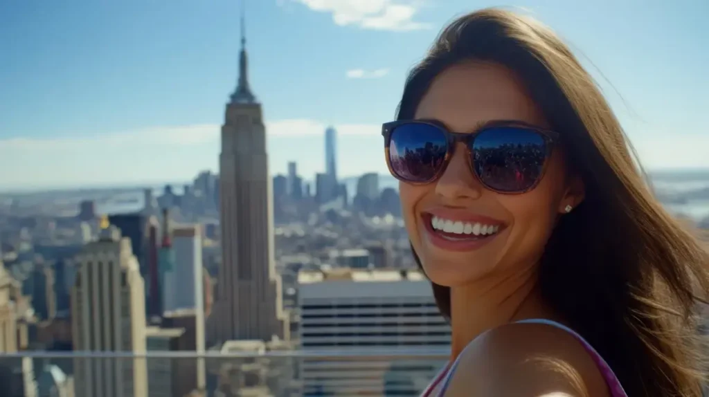 woman with sunglasses in New York with Empire State Building in the back