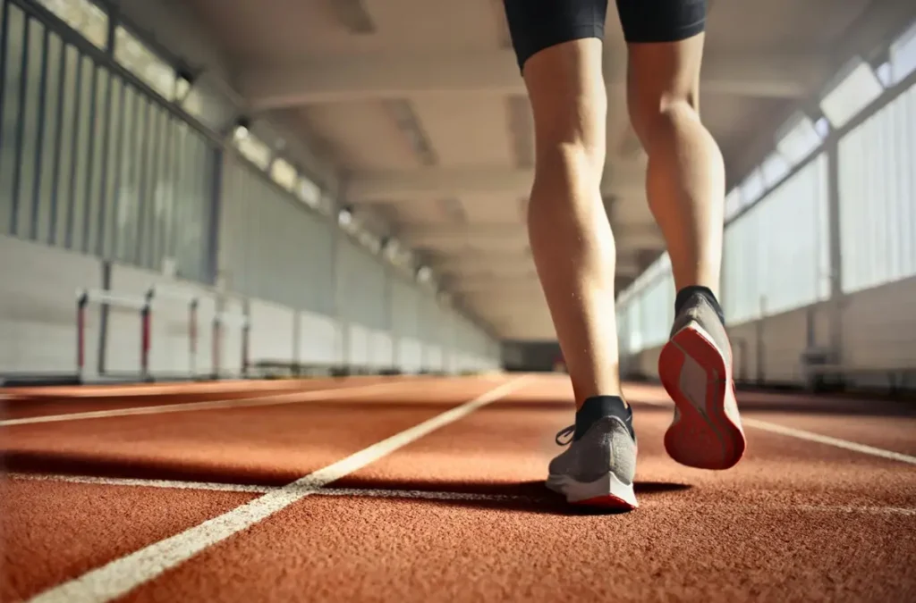 A person in sneakers on a running track.
