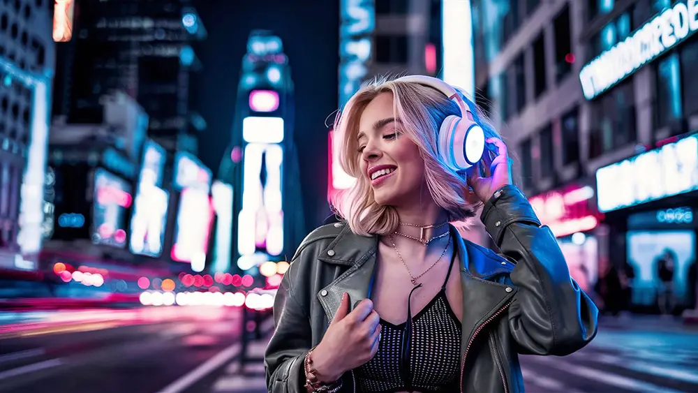 A woman with headphones in a New York city and enjoying